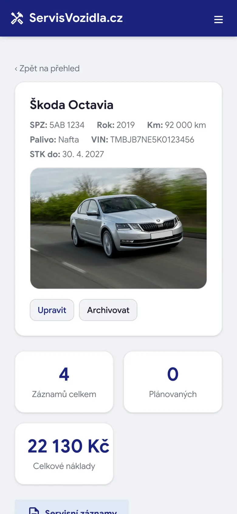 Servisní záznamy vozidla na mobilu