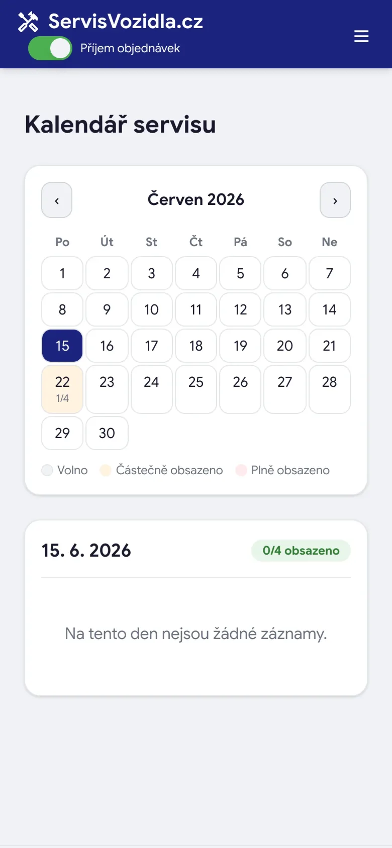 Kalendář servisu na mobilu